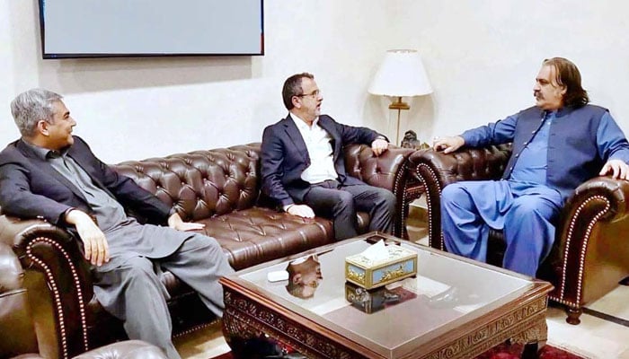 Interior Minister Mohsin Naqvi (left) and Federal Minister for Energy Sardar Awais Ahmad Khan Leghari (centre) in a meeting with Khyber Pakhtunkhwa CM Ali Amin Gandapur in Islamabad on May 26, 2024. — APP