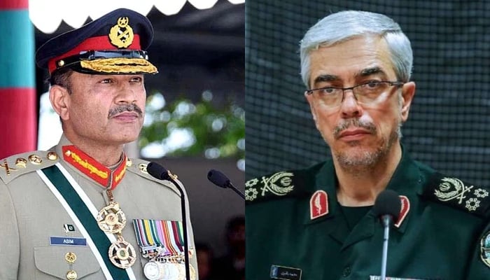 Chief of Army Staff (COAS) General Syed Asim Munir (left) and Chief of General Staff (CGS) of Iranian Armed Forces, Major General Mohammad Bagheri. — ISPR/IRNA/File