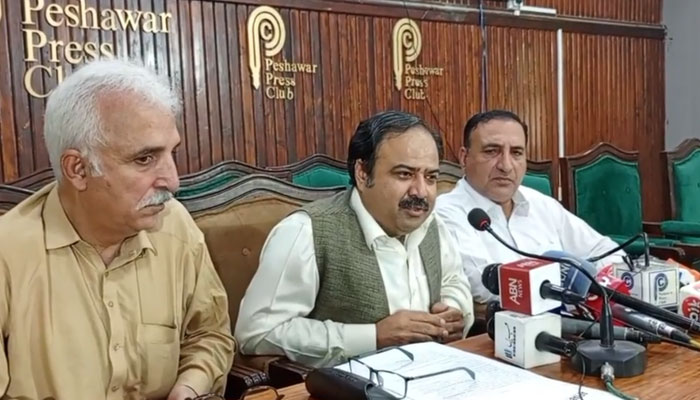 Qaumi Watan Party (QWP) provincial Chairman Sikandar Hayat Khan Sherpao speaks during a press conference at the Peshawar Press Club in this still on May 27, 2024. — Facebook/Sikandar Hayat Khan Sherpao