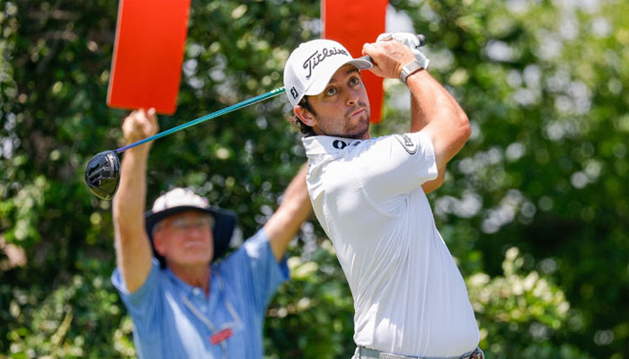 Davis Riley hits his tee shot on the ninth during the final round of the Charles Schwab Challenge in Fort Worth, Texas on May 26, 2024. — USA Today Sports