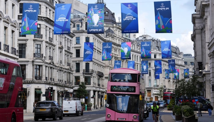 Banners hang along Regent Street, ahead of the 2024 UEFA Champions League final game, in London, Britain, May 24, 2024. — Reuters