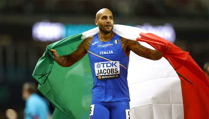 Italys Lamont Marcell Jacobs celebrates after finishing second in the Mens 4x100m. — Reuters/file