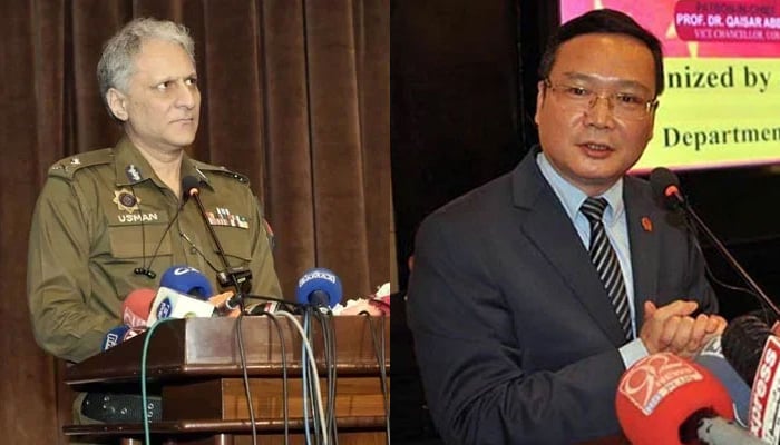 This combo of images shows, Inspector General of Police Punjab Dr Usman Anwar (L) and Chinese Consul General Zhao Shiren (R). — Facebook/Punjab Police Pakistan/APP/File
