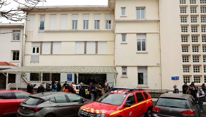 Police secure the entrance to the Saint-Thomas dAquin high school where a teacher was stabbed to death by a pupil in Saint-Jean-de-Luz, France, February 22, 2023. — Reuters