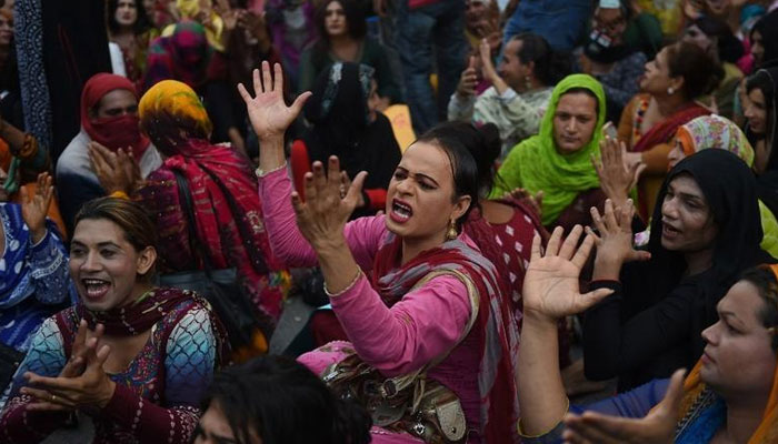 A representational image showing members of the transgender community chant slogans during a protest in Karachi on April 10, 2019. — AFP