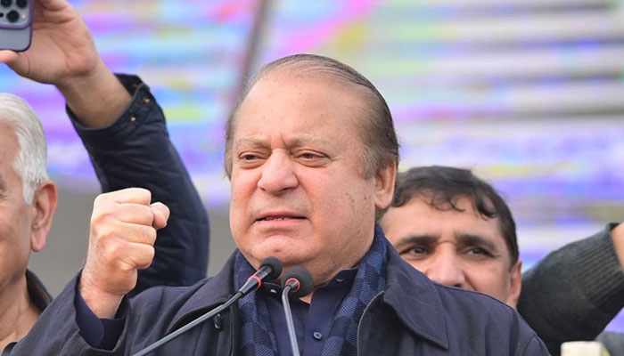 PMLN supremo Nawaz Sharif looks on while speaking to his supporters. — Facebook/Nawaz Sharif /File