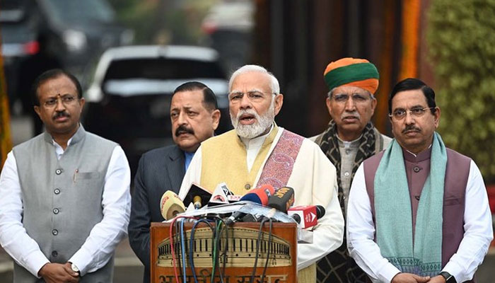 Indias Prime Minister Narendra Modi (C) speaks to media at the opening of the budget session of Parliament in New Delhi on January 31, 2023. — AFP