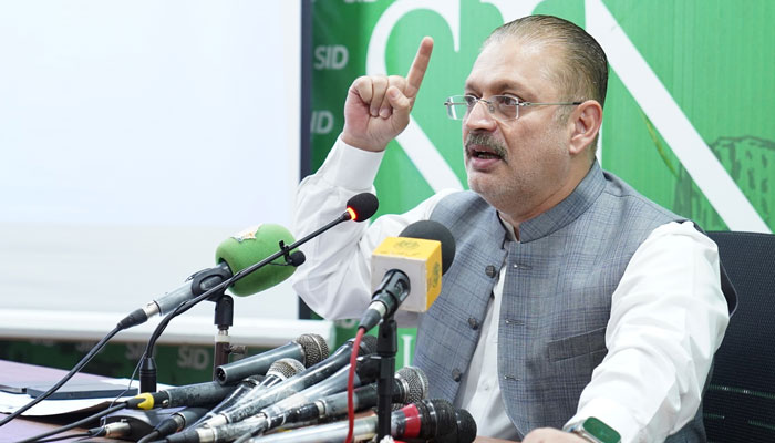 Sindh’s senior minister for information Sharjeel Memon speaks during a press conference on May 28, 2024. — Facebook/Sharjeel Inam Memon