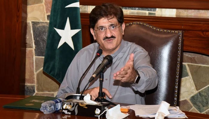 Chief Minister Murad Ali Shah addressing a press conference in Karachi in this undated image. — X/@SindhCMHouse/File