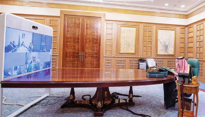 Saudi Arabias King Salman bin Abdulaziz chairs a virtual cabinet meeting from his office. — Saudi Press Agency/File