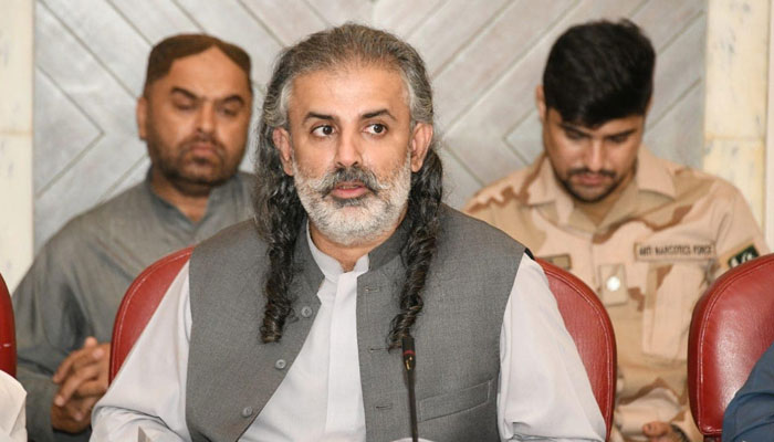 Nawabzada Shahzain Bugti, head of the Jamhoori Watan Party and former federal minister gestures during a meeting on June 23, 2023. — Facebook/Nawabzada Shazain Bugti