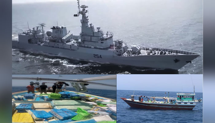 In this collage of images, Pakistan Navy Ship (PNS) Aslat seized a large quantity of narcotics in the North Arabian Sea during a regional maritime security patrol on May 28, 2024. — Facebook/Director General Public Relations - Navy