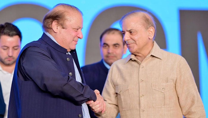 Prime Minister Muhammad Shehbaz Sharif congratulates former prime minister Muhammad Nawaz Sharif on being elected unopposed as President of PML-N in Lahore on May 28, 2024. — INP