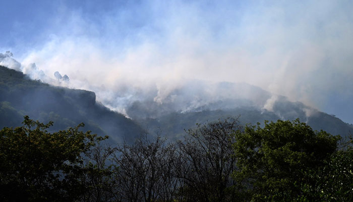 A view of the fire that broke out on Margalla hills in Islamabad on May 28, 2024. — APP