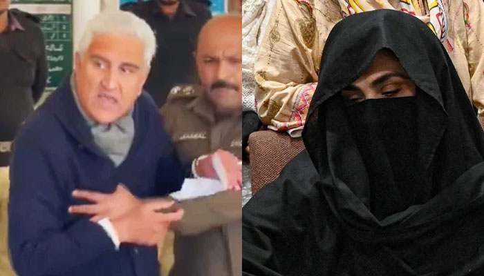 Shah Mahmood Qureshi, Vice-Chairman of PTI, being heckled in Rawalpindi, on August 21, 2023, in this still taken from video (left) and Bushra Bibi signs a surety bond for bail in various cases at the registrar office at the Lahore High Court on July 17, 2023 (right). — Geo News/AFP