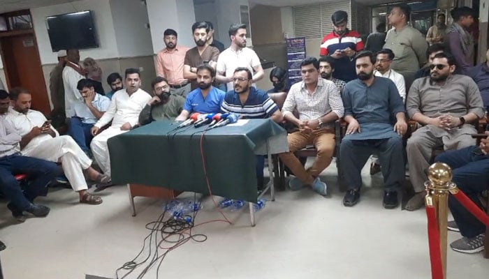 YDA President Dr Shoaib Niazi addresses a press conference at Lahore General Hospital in this still on May 29, 2024. — Facebook/YDA Punjab Official