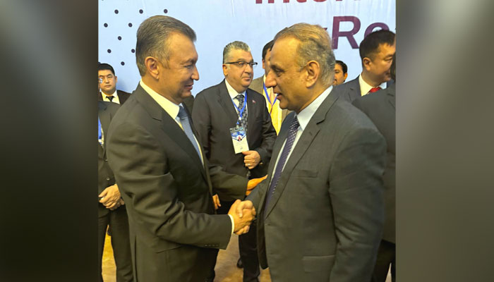 Federal Minister for Communications, Investment Board, and Privatisation Abdul Aleem Khan shakes hands with Tajikistas, Prime Minister Kokhir Rasulzoda during visits to Dushanbe, Tajikistan on May 29, 2024. — Facebook/Abdul Aleem Khan