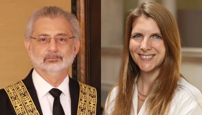 Chief Justice of Pakistan (CJP) Qazi Faez Isa (left) and British High Commissioner to Pakistan Jane Marriott. — Supreme Court/British High Commission/File