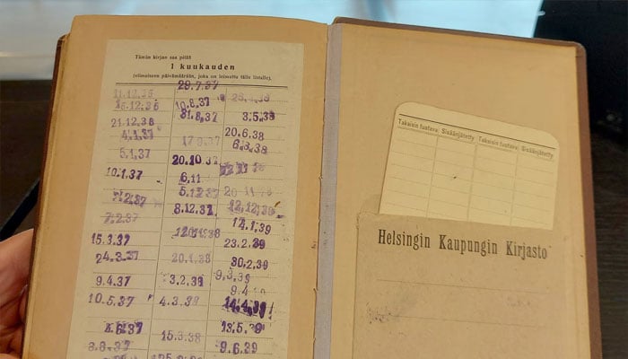 Due dates – the last being 26 December 1939 – inside the copy of Arthur Conan Doyle’s Refugees newly returned to Helsinki’s central library. — Helsingin keskustakirjasto Oodi