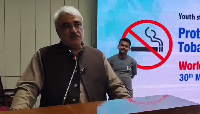 Provincial Health Minister Khawaja Salman Rafique addresses an awareness seminar organised by the Department of Primary and Secondary Healthcare on ‘World No Tobacco Day’ at the Institute of Public Health (IPH) in this still on May 30, 2024. — Facebook/Khawaja Salman Rafique
