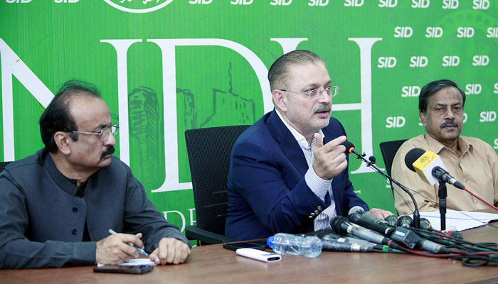 Sindh Minister for Information, Transport and Mass Transit, Excise Taxation and Narcotics Control, Sharjeel Inam Memon addresses to media persons during a press conference, in Karachi on May 30, 2024. — PPI