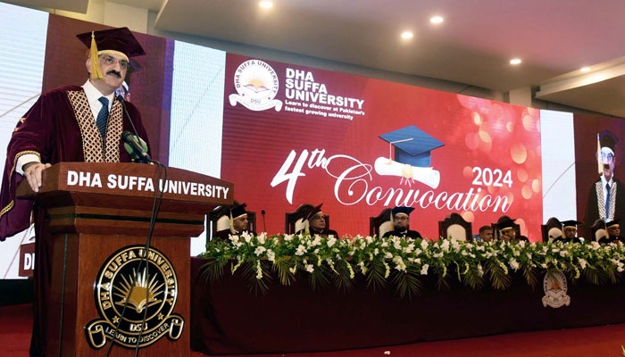Sindh Chief Minister, Syed Murad Ali Shah addresses participants during the Annual Convocation ceremony of the DHA Suffa University at Gold Club in Karachi on May 30, 2024. — PPI