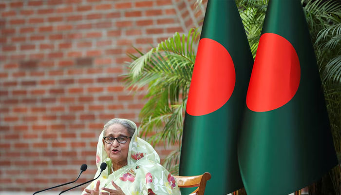 Sheikh Hasina, the newly elected Prime Minister of Bangladesh and Chairperson of Bangladesh Awami League, gestures during a meeting with foreign observers and journalists at the Prime Ministers residence in Dhaka, Bangladesh, January 8, 2024. — Reuters