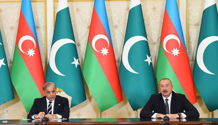 Pakistan Prime Minister Shehbaz Sharif (left) meets President of the Republic of Azerbaijan Ilham Aliyev inn Baku, Azerbaijan, on June 15, 2023. — President Office of Azerbaijan