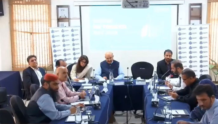 Screenshot shows a meeting in progress organised by the Sustainable Development Policy Institute (SDPI)— Facebook/sdpipakistan