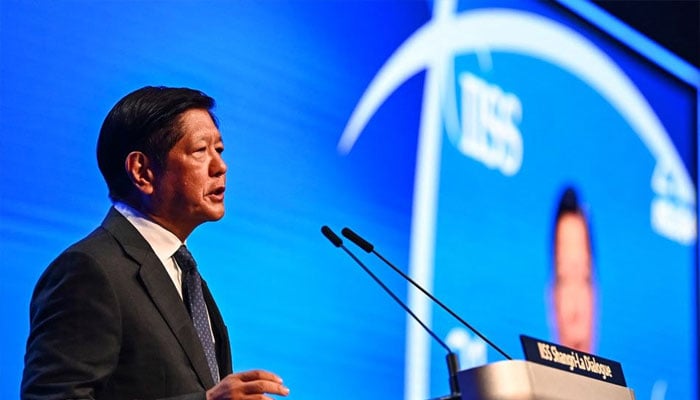 Philippine President Ferdinand Marcos Jr. delivers a speech during the 21st Shangri-La Dialogue summit in Singapore on May 31, 2024. — AFP