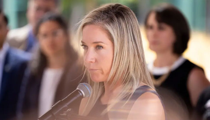 Amanda Zurawski addresses the press following the first day of testimony for Zurawski v. State of Texas outside the Travis County Civil and Family Courts Facility in Austin on July 19, 2023.— The Texas Tribune