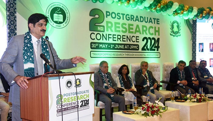 Sindh Chief Minister Syed Murad Ali Shah speaks at the 2nd Postgraduate Research Conference organised by JPMC at its Auditorium on May 31, 2024. — APP File