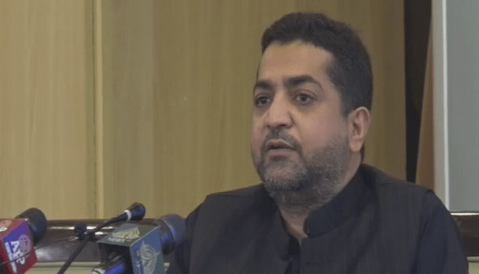 Balochistan Home Minister Zia Ullah Langau addresses a press conference in Quetta. — Screengrab via YouTube@PTVNews_official/file