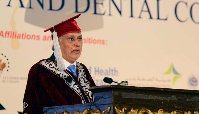 Deputy Prime Minister and Federal Foreign Minister, Senator Mohammad Ishaq Dar addresses the Annual Convocation Ceremony of HBS Medical and Dental College in Islamabad on June 1, 2024. — PPI