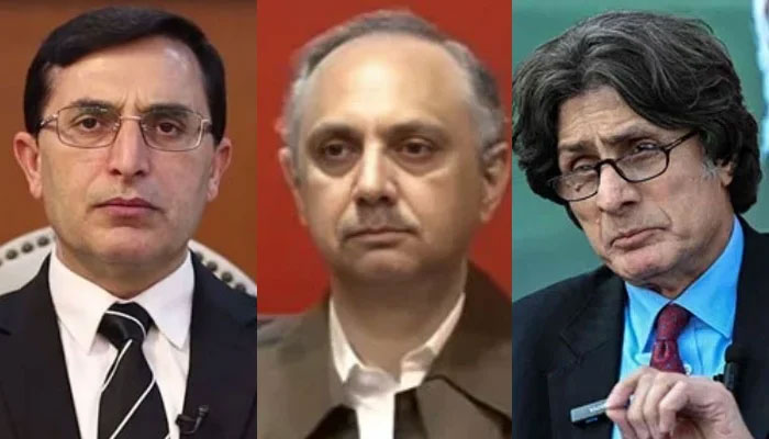 (From left to right) PTI Chairman Gohar Khan, NA Opposition Leader Omar Ayub Khan and partys Information Secretary Raoof Hassan. — Wikimedia Commons/YouTube/Geo News Live/AFP/File