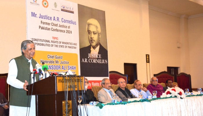 Federal Minister for Law, Justice and Human Rights Azam Nazir Tarar addresses the Justice A. R. Cornelius Conference on June 1, 2024. — PID