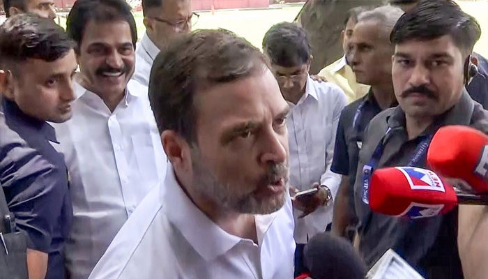 Congress leader Rahul Gandhi speaks to the media on exit poll, in New Delhi on May 2, 2024. — ANI/file