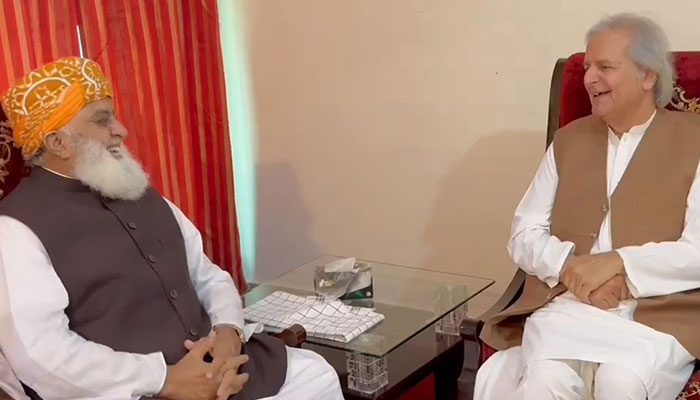 Veteran politician Javed Hashmi (left) meets Jamiat Ulema-e-Islam (JUI-F) Chief Maulana Fazlur Rehman on June 2, 2024. — Screengrab via X/@juipakofficial