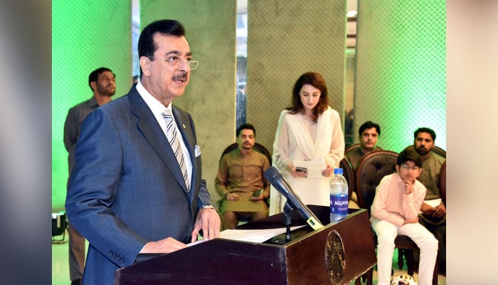 Senate Chairman Syed Yusuf Raza Gilani addresses during a reception hosted in honor of the World Football delegation, at Parliament House in Islamabad on June 3, 2024. — PPI