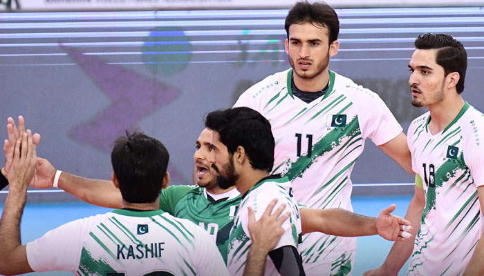 Pakistan volleyball players celebrate during a match. — Facebook/Pakistan Volleyball Federation/File