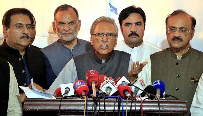 Former President of Pakistan and Tehreek-e-Insaf (PTI) Leader, Dr Arif Alvi talks to media persons, at Punjab Assembly in Lahore on June 3, 2024. — PPI