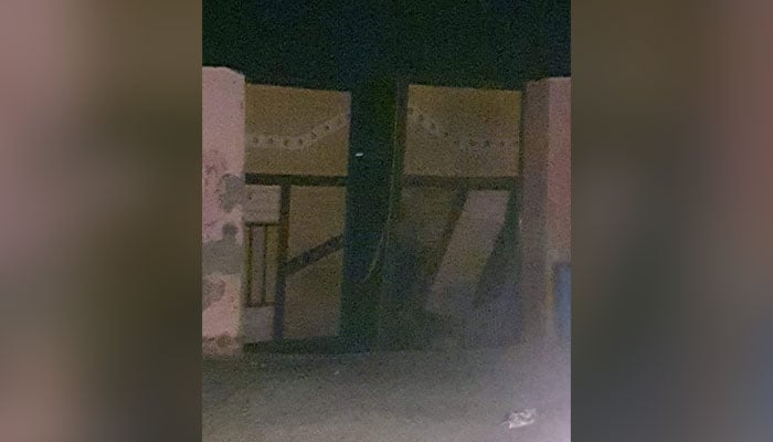 This image shows the damaged gate of Landikotal Public High School released on June 3, 2024. — Facebook/@zarrar_11PK