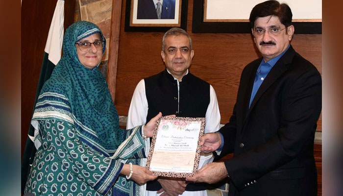 Sindh Chief Minister, Syed Murad Ali Shah distributes cheques among the NGOs working for differently abled persons during ceremony at CM House in Karachi on June 4, 2024. — PPI