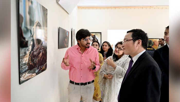 Mr Zhao Shiren, Chinese Consul General in Lahore, and Prof Dr Faleeha Zahra Kazmi, Vice-Chancellor of UHE looking at art on the wall during an exhibition at the University of Home Economics (UHE) on June 4, 2024. — Facebook/University of Home Economics Lahore