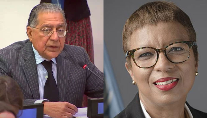 This combo of images shows, Pakistans Permanent Representative to the United Nations Ambassador Munir Akram (L) and Ambassador Inga Rhonda King (Saint Vincent and the Grenadines). — APP/UN Webiste/File