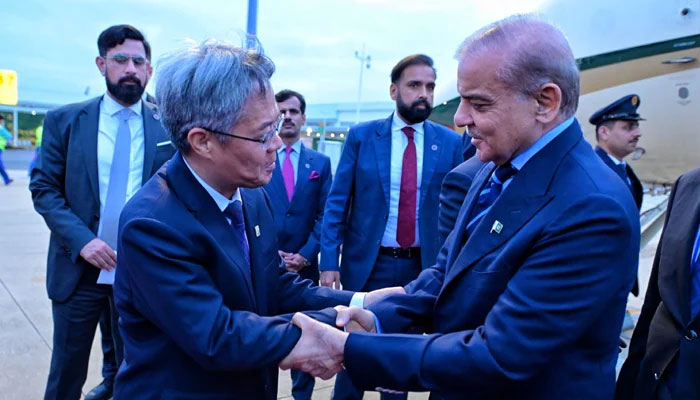 Chinas Shenzhen city Vice Mayor Luo Huanghao (left) welcomes PM Shehbaz Sharif upon his arrival on June 4, 2024. — X/@GovtofPakistan