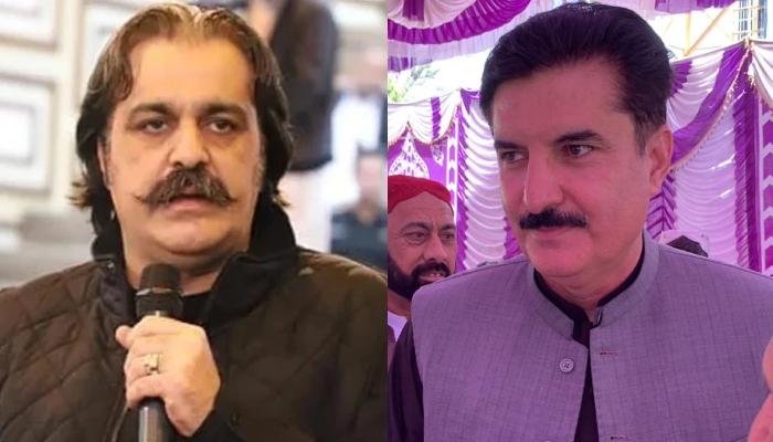 KP Chief Minister Ali Amin Gandapur (left) speaks during a KP Assembly session and KP Governor Faisal Karim Kundi interacting with public at an event in DI Khan. — Facebook/Ali Amin Khan Gandapur/Faisal Karim Kundi/File