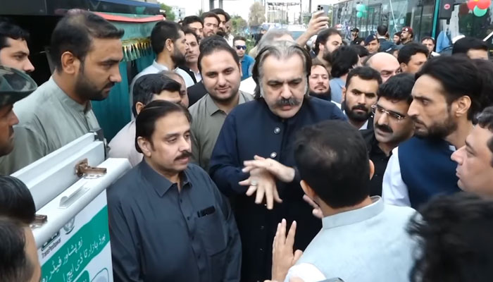 Chief Minister Ali Amin Gandapur speaks during the inaugurates the new feeder route DR-14 of the Peshawar Bus Rapid Transit (BRT) System at the Central Park Regi Model Town on June 5, 2024. — Facebook/Ali Amin Khan Gandapur