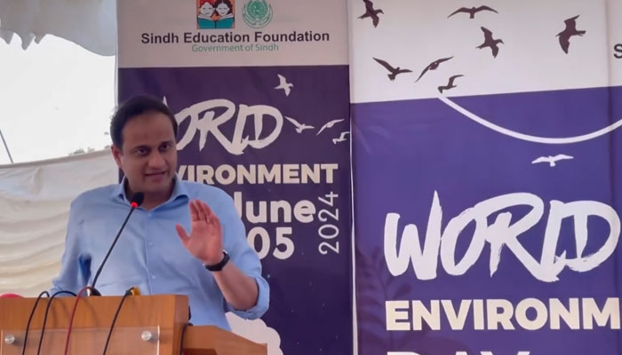 Karachi Mayor Barrister Murtaza Wahab addresses an event on World Environment Day organised by the Sindh Education Foundation (SEF), Government of Sindh on June 5, 2024. — Screengrab via Facebook/Sindh Education Foundation, Government of Sindh