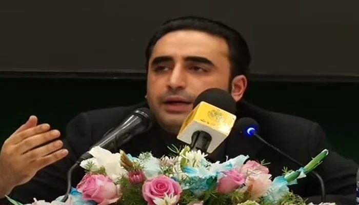 PPP Chairman Bilawal Bhutto-Zardari is addressing a party meeting in Karachi on June 5, 2024. — Screengrab/YouTube/GeoNews